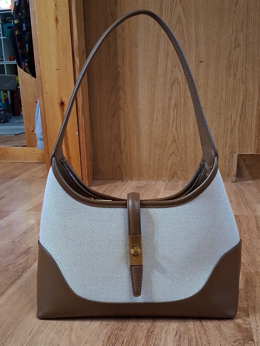 Miztique Brown and Cream Bag with Gold Turn-Lock